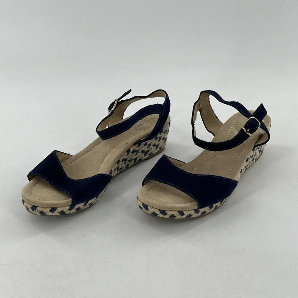 Lands End Espadrille Sandal Womens 7 Wedge Slingback Open Toe Blue Suede Chevron